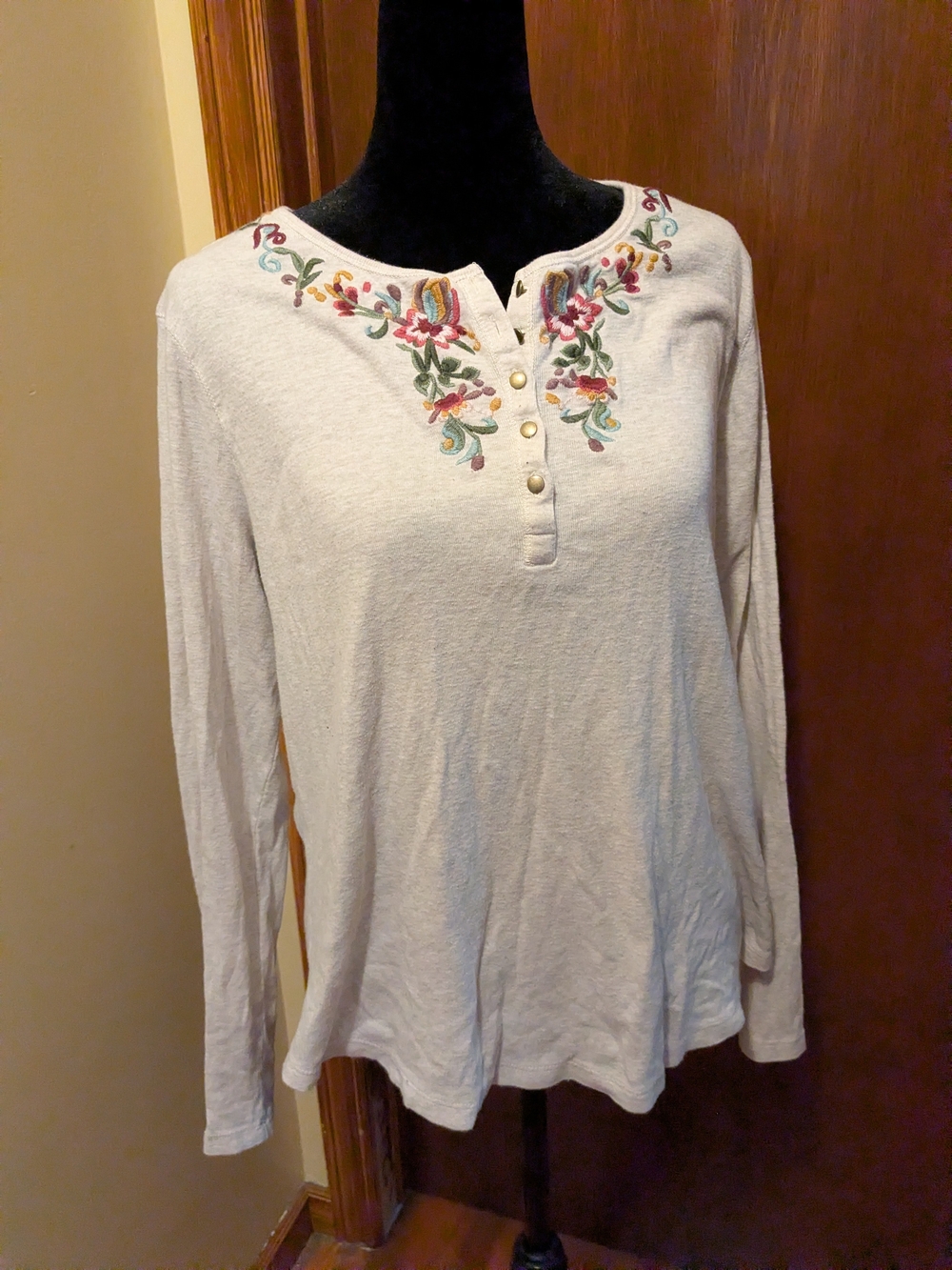 Chaps Cotton Heathered Cream Long-Sleeve Embroidered Henley